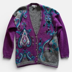 Vintage Oversized Mohair Blend Cardigan Purple Gray Art Knit Women L